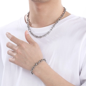 9mm silver stainless steel chain necklace and bracelet set for men and women