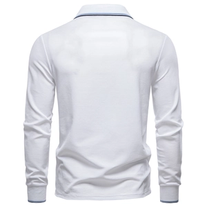 Rear view of white long-sleeve polo shirt featuring blue striped collar and cuff details