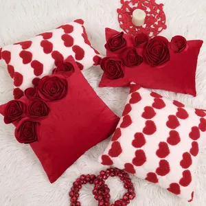 Romantic red velvet rose pillow case and white plush heart cushion for wedding decor