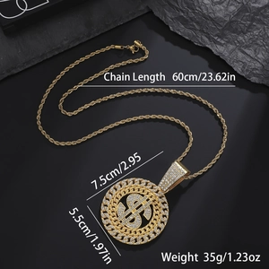 Tableau des tailles du collier pendentif dollar doré avec détails de poids et mesure