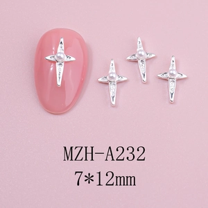 Detail of silver alloy cross nail charms with white pearls, size 7x12mm, item MZH-A232