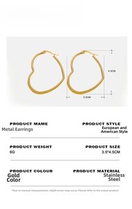 Detail showing 3.5x4.5cm heart-shaped gold hoop earrings with size measurements