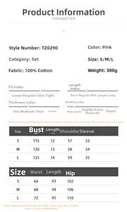 Size chart for women's 100% cotton pink shirt and skirt set showing detailed measurements