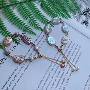 Braccialetto Regolabile con Perle d'Acqua Dolce Barocche per Donna Perline in Lega di Rame Placcate Oro Gioielli di Moda