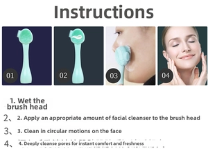 Usage instructions for silicone dual-sided facial brush with cleansing and massage steps