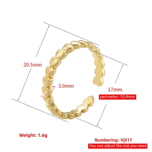 Detailed size specifications for the gold heart-shaped ring with dimensions and weight