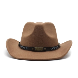 Detailed shot of brown wool felt western cowboy hat with embroidered leather band