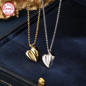 Polished S925 sterling silver 3D heart pendant necklace in gold and silver finishes