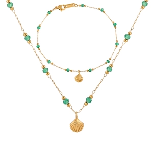 Vintage 18KGP gold plated necklace and bracelet set with green emerald beads and shell charm