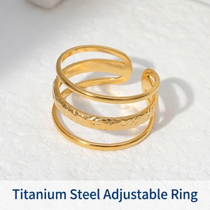 Stainless Steel Ring Triple Layer Hammered Texture Open Adjustable Geometric Minimalist Vintage Jewelry For Women