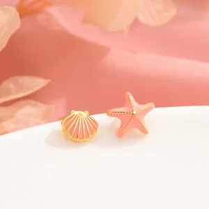 Asymmetric S925 silver stud earrings featuring pink starfish and seashell designs