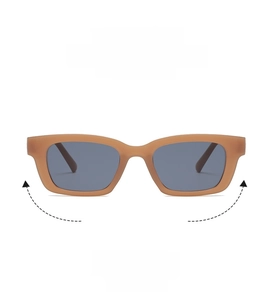 Macro detail of rectangle sunglasses with matte khaki frames and blue-gray lenses