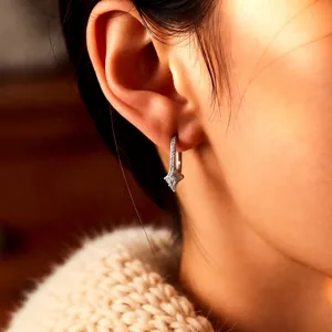Silver star pendant earrings with sparkling zircons and minimalist hoop clasp design