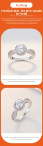 Detailed close-up of a Moissanite halo ring with 925 silver and pave-set band design