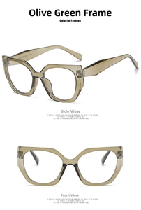 Detailed front and side views of olive green cat-eye glasses frames for women