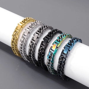 Six colors of stainless steel curb chain bracelets on a white display stand