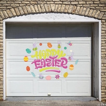 Detailed view of colorful Happy Easter magnetic stickers on a white garage door background