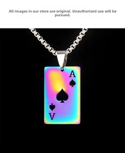 Detailed close-up of rainbow gradient Ace of Spades poker pendant on a silver metal chain