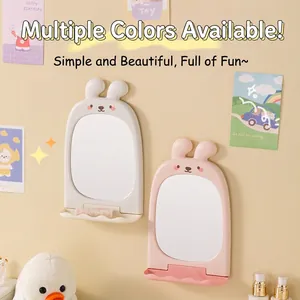 Cute bunny shaped wall mirror with storage tray in pink and white for girls room decor