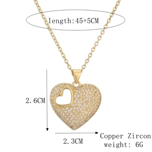 Detailed view of heart pendant with zircon micro-pave showing 45+5cm chain dimensions