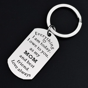 Silver stainless steel keychain with heartfelt mom quote on a textured black background