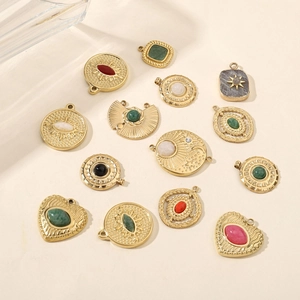 Mirror polished gold stainless steel pendants with colorful natural stones and geometric charms