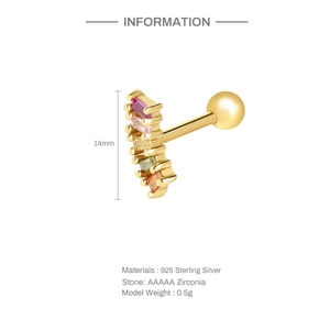 Detailed view of S925 silver stud with colorful zirconias and size measurements