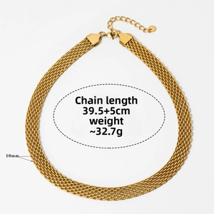 Close-up of 10mm wide gold mesh choker necklace with length details and lobster clasp