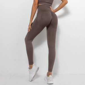Close-up of high-waist scrunch butt seamless yoga leggings in dark coffee brown