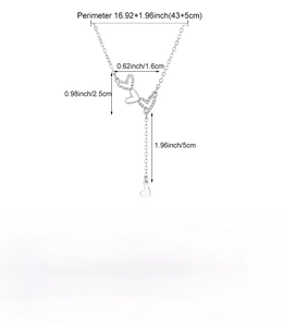 Detailed size chart showing adjustable 43+5cm chain and silver heart pendant dimensions