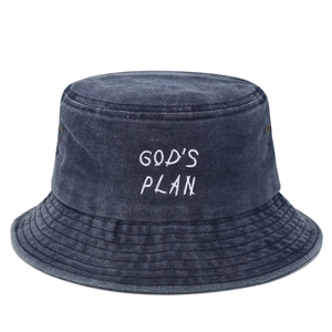 Chapeau bob en denim délavé bleu marine avec broderie God's Plan blanche pour adultes