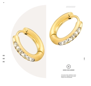 Detail showing gold plated stainless steel hoop earrings with channel-set zircons