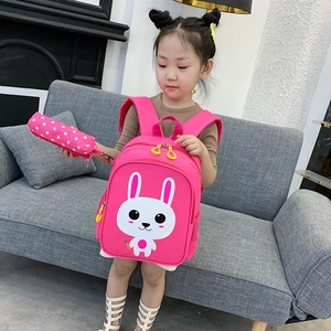 Rose red children backpack with cute rabbit print and matching pencil case for school
