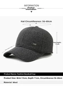 Detailed size chart for men's wool blend baseball cap with ear protection measurements
