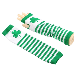 Detail of green and white striped knit arm warmer with shamrock for Saint Patrick's Day
