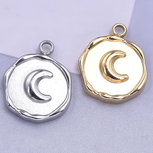 304 stainless steel celestial coin pendants featuring crescent moon relief in gold and silver