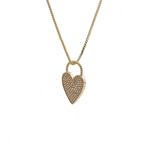 Fashionable gold heart lock necklace with micro-paved zircons on a white background