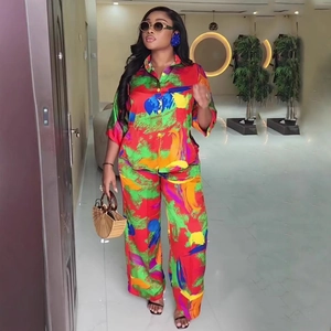 Mujer Estampado Abstracto Camisa De Solapa Y Pantalones De Pierna Ancha Casual Vacaciones Estilo Satin