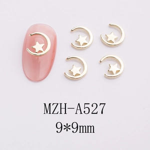 Macro shot of 9x9mm gold star nail charm on pink nail prop for DIY manicure art