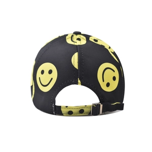 Detail of black baseball cap with yellow smiley print and adjustable silver buckle back