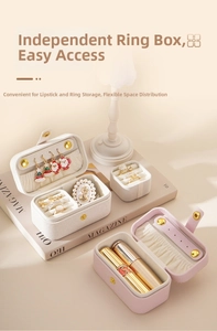 Detail view of portable jewelry box showing ring slots and lipstick compartment