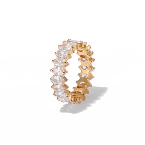 Elegant gold eternity ring featuring a full circle of marquise cut cubic zirconia stones