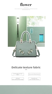 Detail of light green faux leather bag featuring floral embroidery and wavy edge design