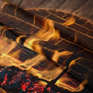 Macro detail of Bohemian tapestry showing realistic 3D burning fireplace print fabric