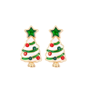 Detailed view of gold-trimmed Christmas tree stud earrings with white and red accents
