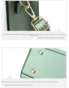 Detail of light green litchi texture leather with gold metal hooks and bottom rivets