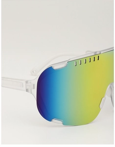 Detail of outdoor cycling sunglasses featuring a colorful gradient lens and white frame