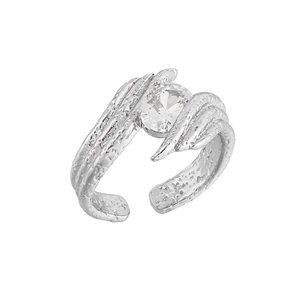 Irregular texture S925 silver open ring with oval cubic zirconia on white background
