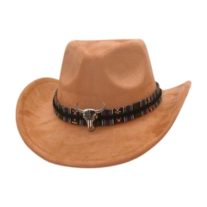 Front view of a camel wide brim western cowboy hat with a tribal band and silver bull skull