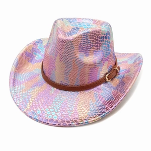 Iridescent Snake Pattern Cowboy Hat Metallic Holographic Wide Brim Western Style Polyester With Faux Leather Band Party